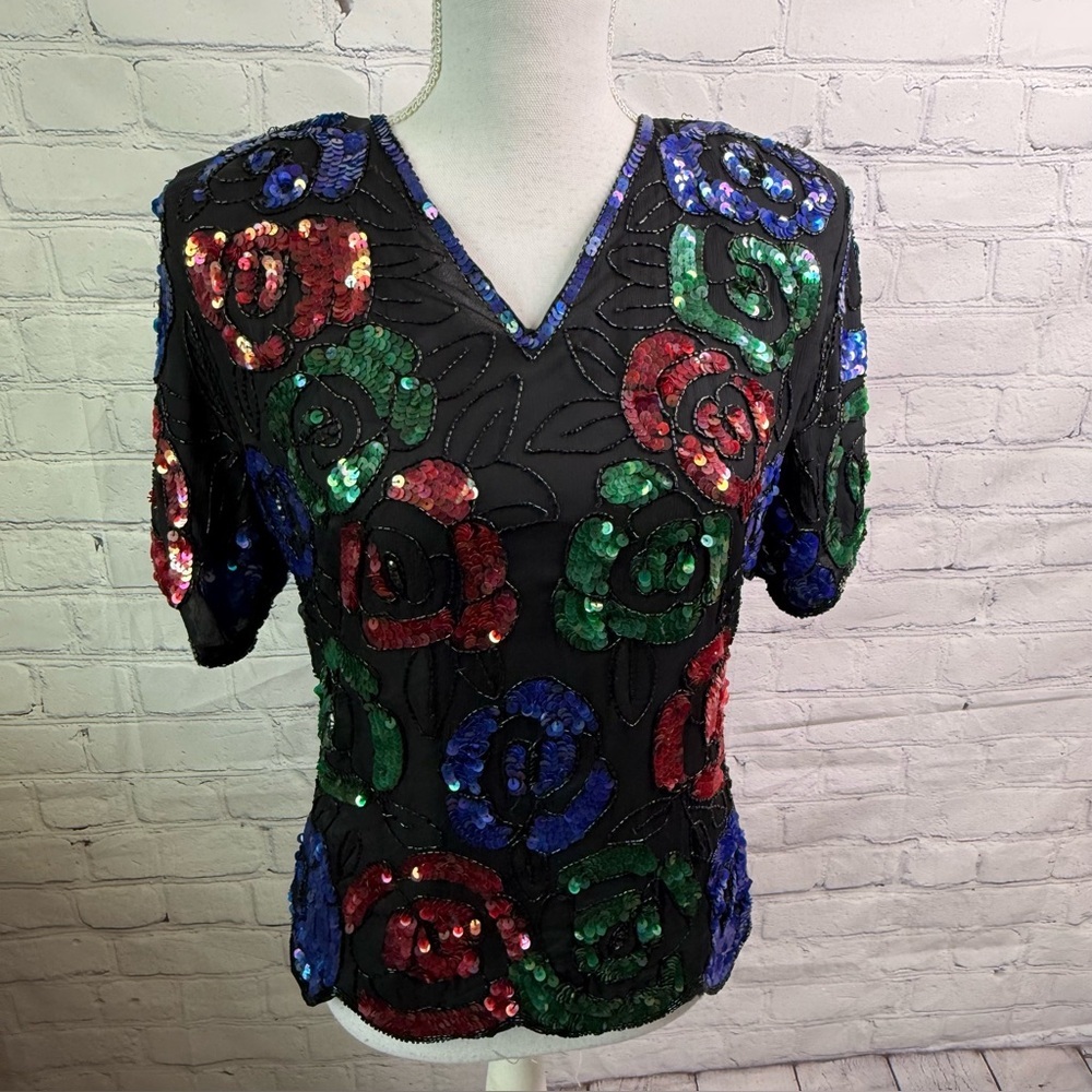 STENAY Vintage Silk Sequin Holiday Blouse Top Large